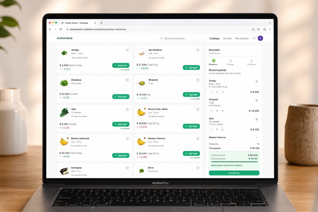 Catálogo de frutas y hortalizas con carrito de pedido en Andina Oeste