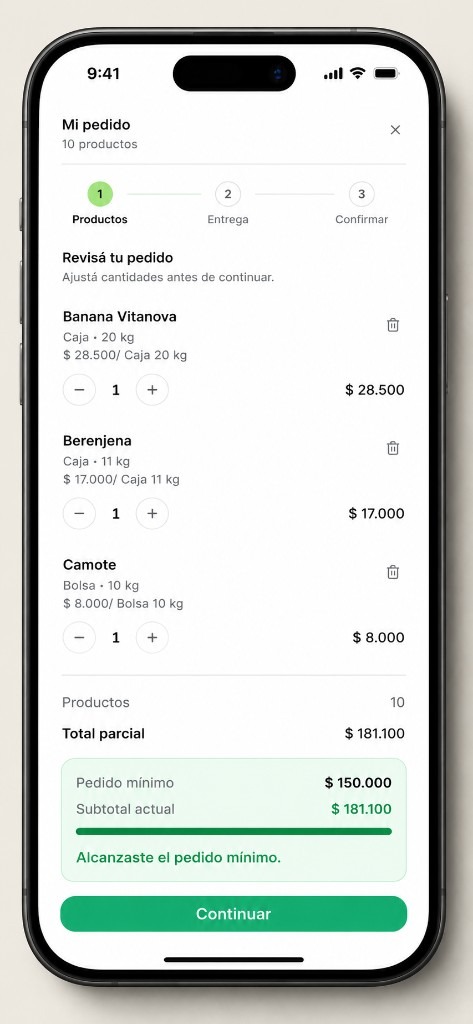 Vista móvil para revisar y confirmar un pedido en Andina Oeste